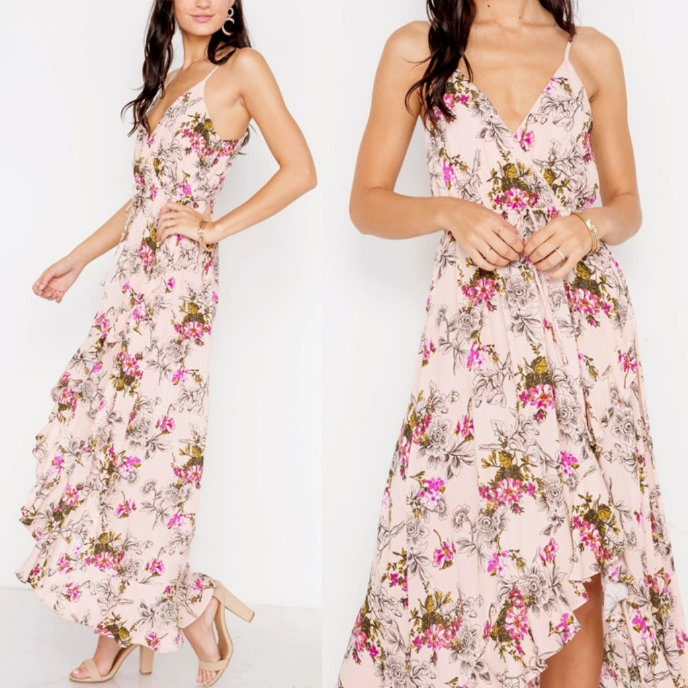 Nude Pink Floral V-Neck Ruffle Skirt Maxi Dress - Picture 7 of 8